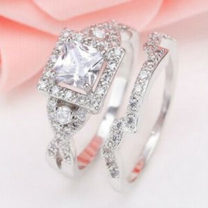Princess Cut Halo Diamond Engagement Ring Set